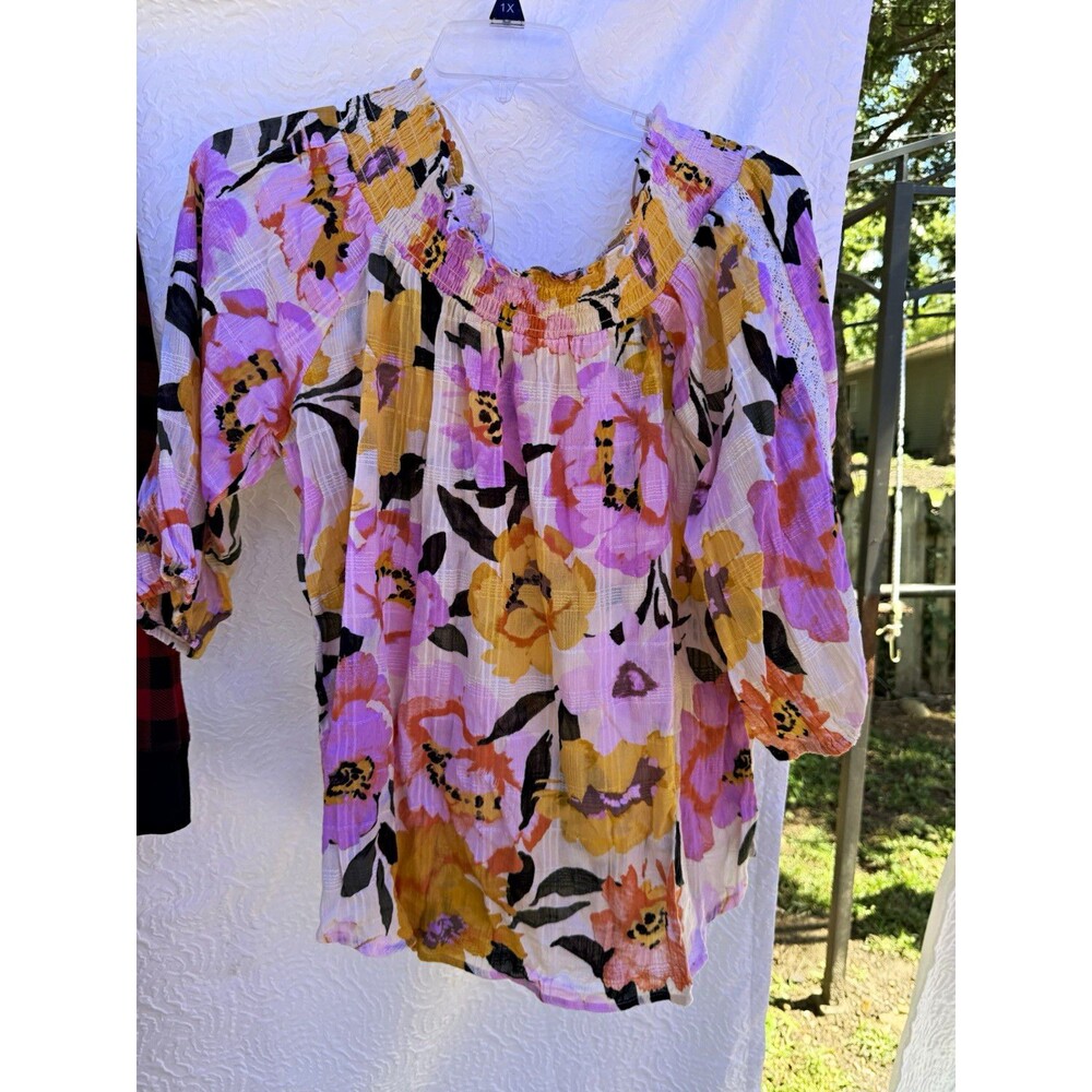 Pioneer Woman XL Floral Peasant Blouse Pink Mustard 100% Cotton Boho Lace